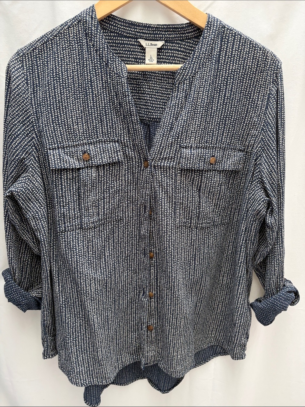 L.L. Bean Navy and White Patterned Button-Down Shirt